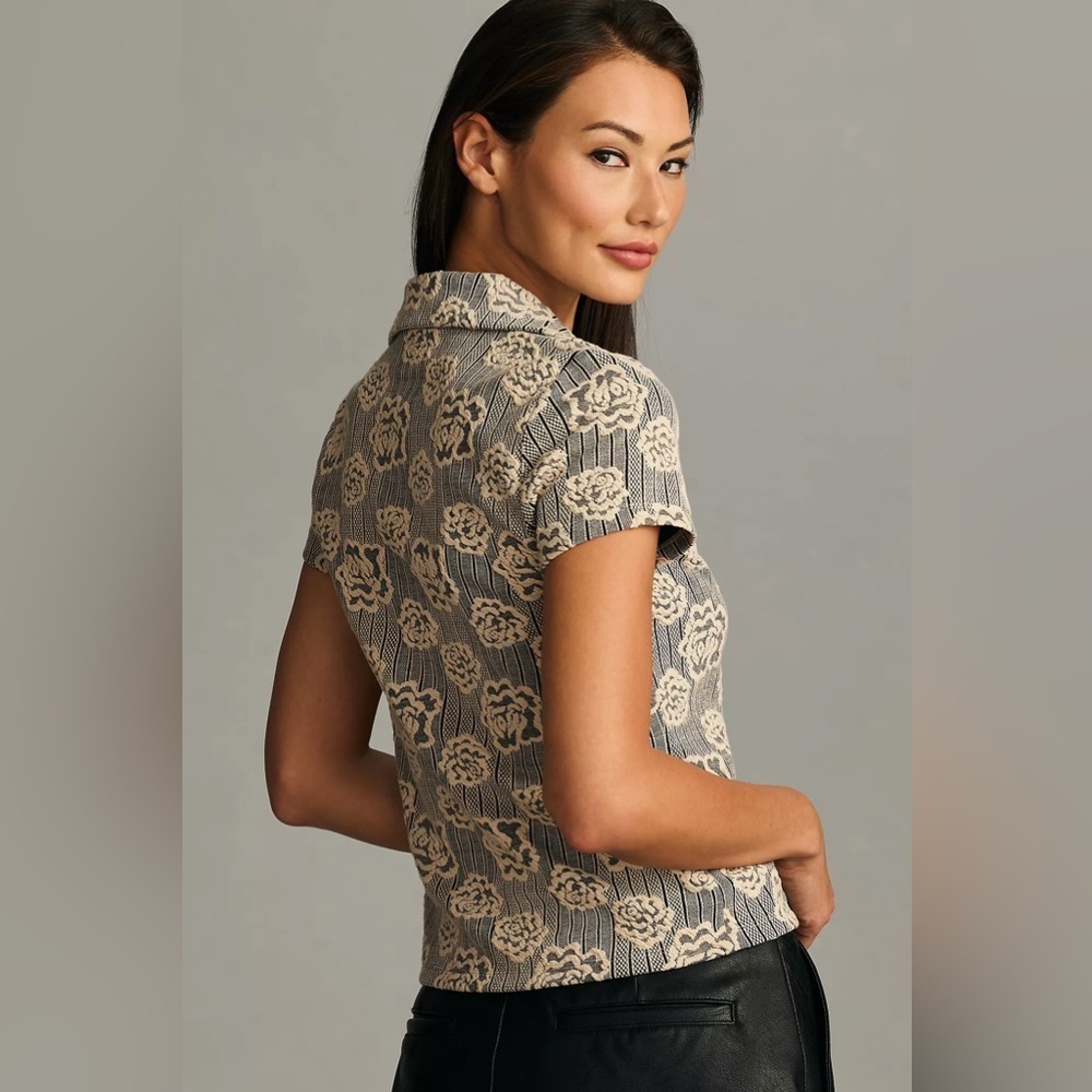 Maeve Sweater Floral Jacquard Zip-Up Polo Sweater Short Sleeve Medium - Picture 10 of 12